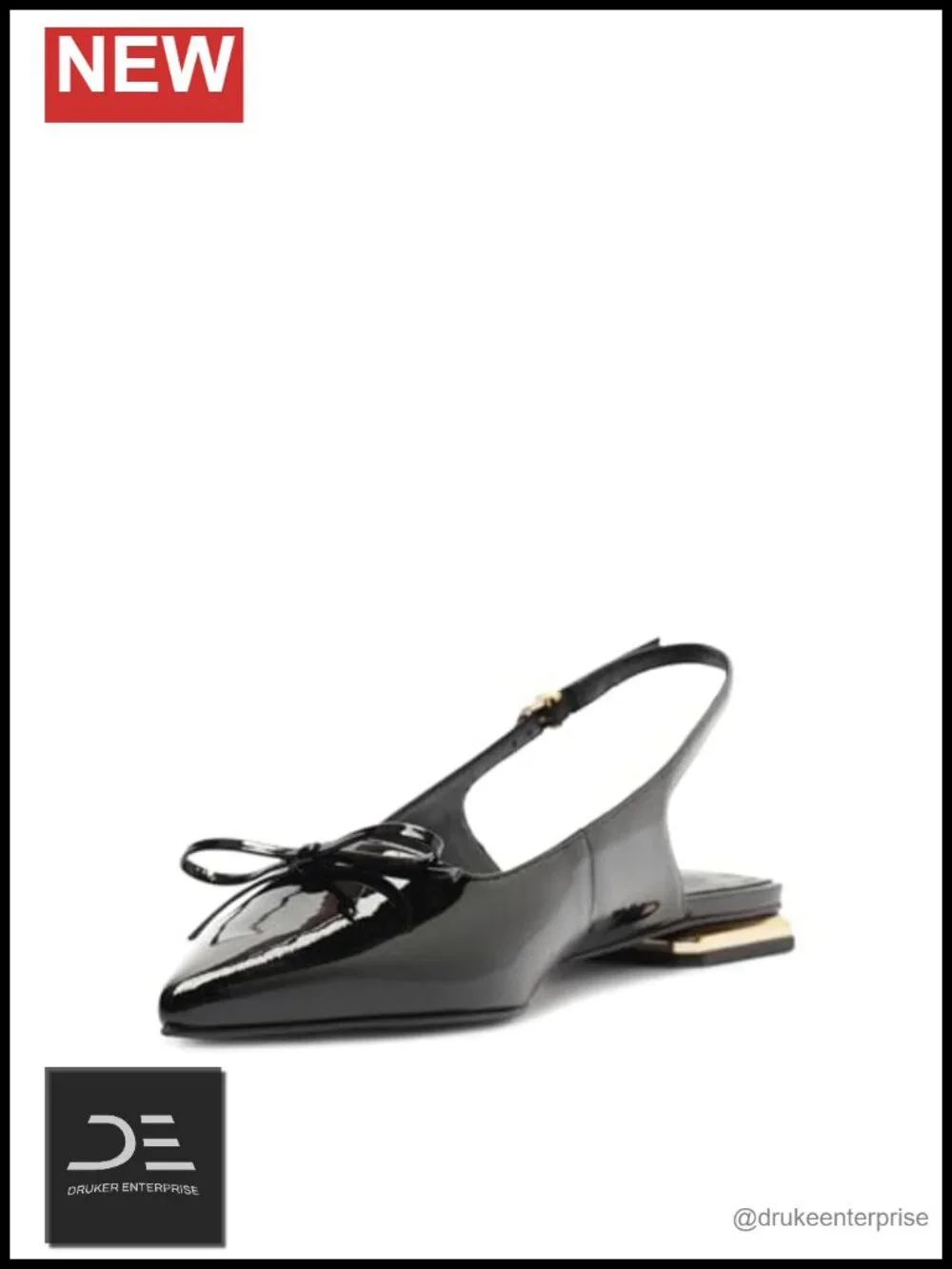 Patent Leather Ballet Flats with Bow Detail, Gold Heel Accent